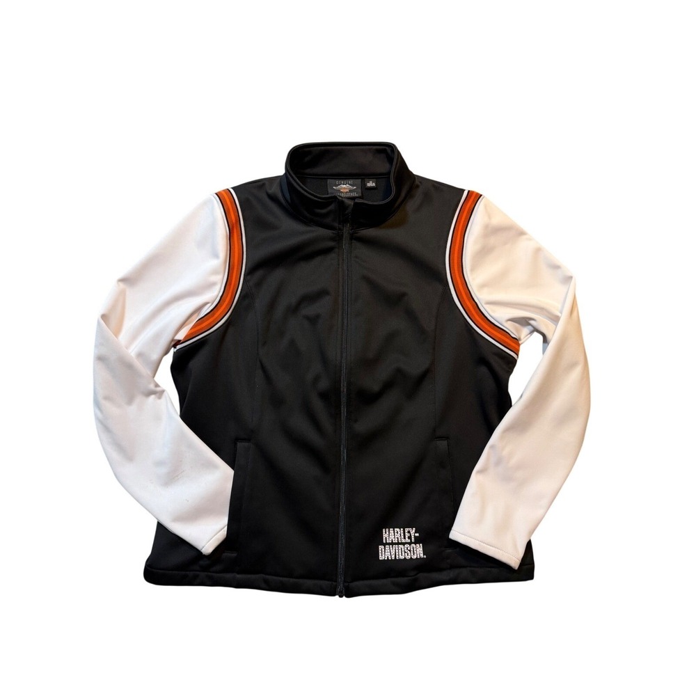Harley-Davidson Womens Black White Orange Zip Up Track Jacket Rhinestone 1W